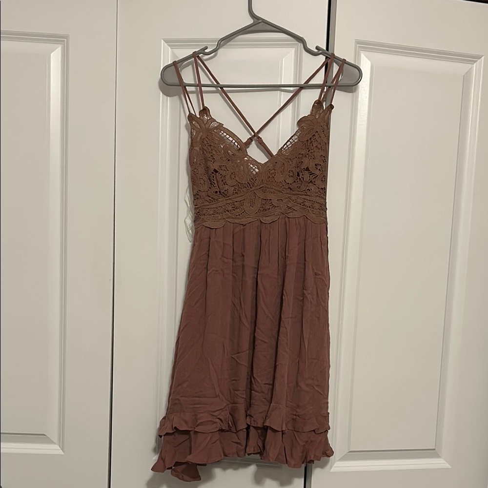 Elegant Brown Lace Trim Dress